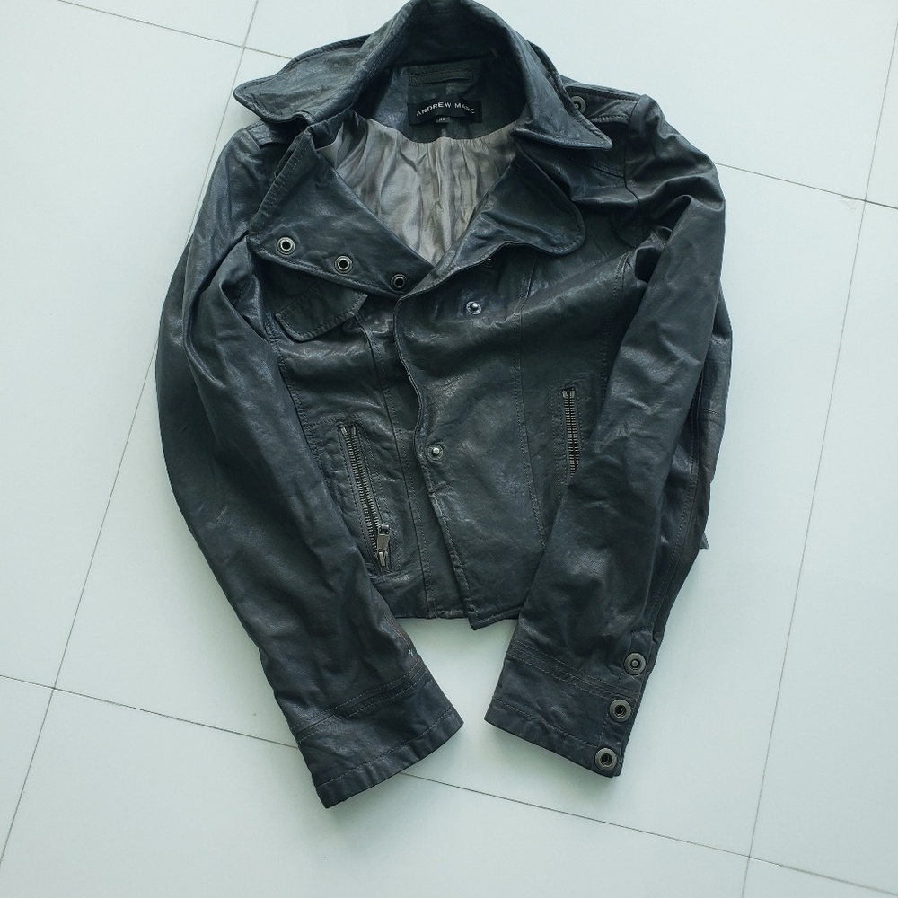 Andrew Marc slate grey snap up leather jacket